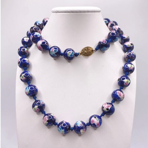 Chinese Cloisonné Cobalt Blue Flower Beaded Necklace 1940s - Picture 4 of 8